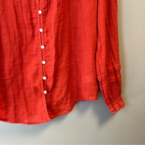 Faherty Blouse Willa Top - Carmine Warm Orange Pleated Peasant Sz S EUC - Picture 8 of 10